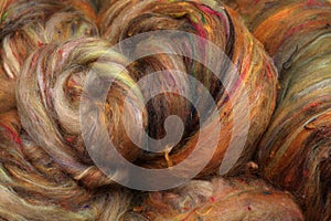 Closeup of lots of beautiful sheep wool fibres in a roving ready for spinning yarn on a spinning wheel as a hobby