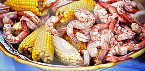 A closeup of a low-country shrimp boil.