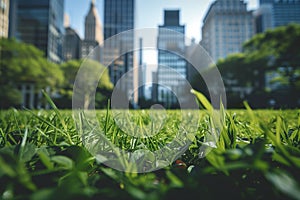 Closeup of a luscious grass in a park with skyscrapers in the background. Eco-awareness.