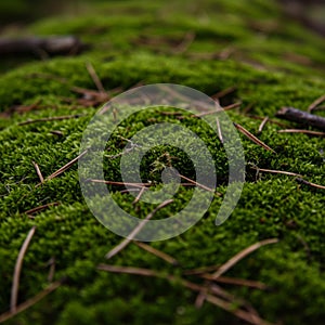 Closeup of Lush Green Moss with Pine Needles