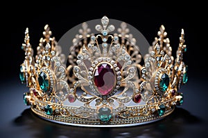 closeup luxury royal golden crown with precious stones and diamonds on a black background
