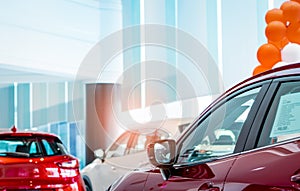 Closeup luxury SUV car parked in modern showroom. Red SUV car in showroom. Car dealership concept. Automotive industry. Electric