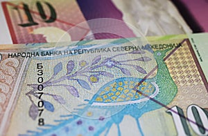 Closeup of Macedonia denar currency banknotes