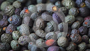 Closeup macro detail - turkish green, blue and black tellicherry pepper, camera moves slowly over