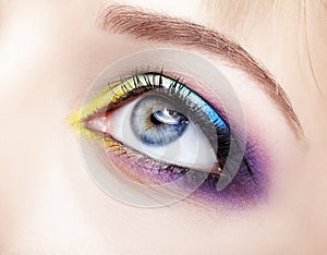 Closeup macro image of human female eye with violet, blue and an