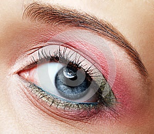 Closeup macro image of human woman eye with pink and green makeup