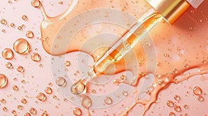 closeup macro photograph of peach fuzz ambercolored liquidfilled pipette on a wooden table, showcasing a beautiful