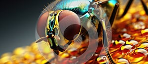 Closeup macro photography of a fly, an arthropod insect, sitting on a flower