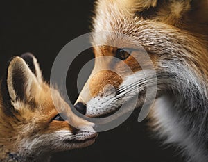 closeup macro photography of a mother fox nuzzling her baby fox