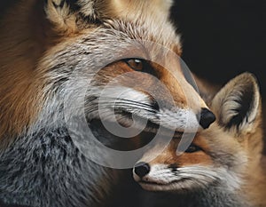 closeup macro photography of a mother fox nuzzling her baby fox