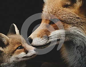 closeup macro photography of a mother fox nuzzling her baby fox