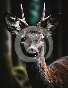 Portrait of a deer in dark forest macro photography