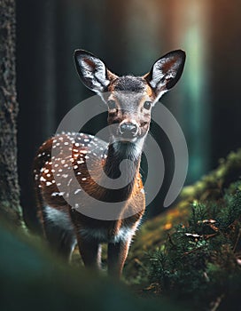 Portrait of a deer fawn in dark forest macro photography