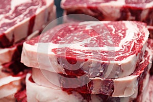 Closeup macro pieces ribeye marbled beef steak on red plastic cutting board on metal table in restaurant kitchen. Concept packing