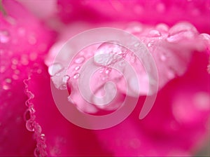 Closeup macro pink petals of rose flower with water drops and blurred background ,soft focus ,sweet color for wedding card design