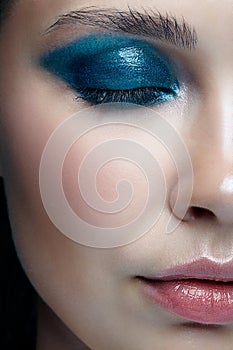 Closeup macro portrait of female face with closed eyes. Human woman half-face with evening beauty makeup.