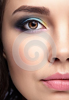 Closeup macro portrait of female face. Human woman half-face wi