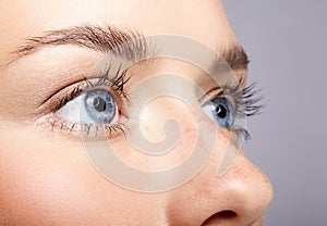 Closeup macro portrait of female face. Human woman open blue eyes