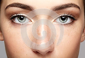 Closeup macro portrait of female face. Human woman open eyes wit