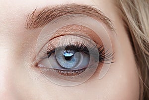 Closeup macro shot of blue human female eye. Woman with natural face beauty makeup