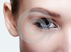 Closeup macro shot of blue human woman eye