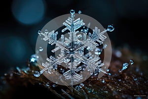 Closeup macro shot of a transparent snowflake. Generative AI