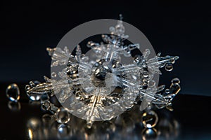 Closeup macro shot of a transparent snowflake. Generative AI