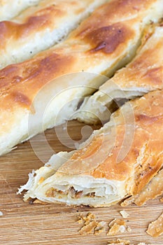 Closeup macro slice of burek with meat
