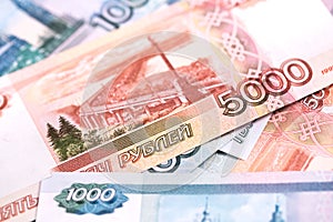 View of five thousand and one thousand banknotes Russian rubles