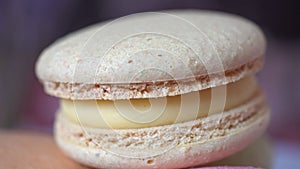 Closeup macro view of a yellow macaron cake texture