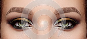 Closeup Macro of Woman Face with Green Eyes Make-up. Fashion Celebrate Makeup, Glowy Clean Skin, perfect Shapes of Brows