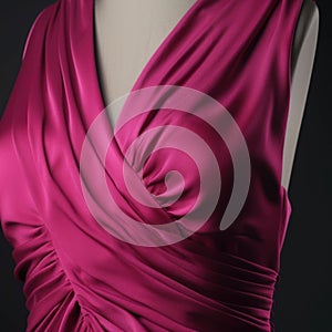 A closeup of a magenta dress with a deep vneck and ruched sides. Trendy color of 2023 Viva Magenta.. AI generation