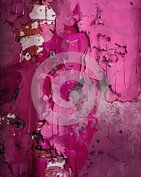 A closeup of a magenta wall with a rough and chipped surface that conveys a feeling of deterioration Trendy color of