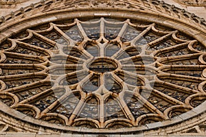 Closeup of the main rose window of Leon gothic cathedral in Spain