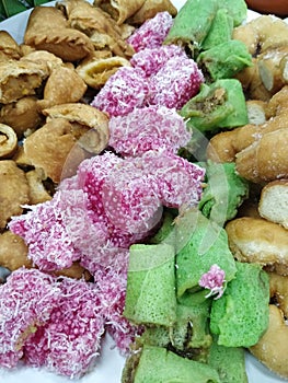 Closeup on Malaysia popular assorted sweet dessert kuih muih. Currypuff.