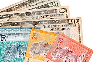 Closeup of Malaysia Ringgit and American US Dollar