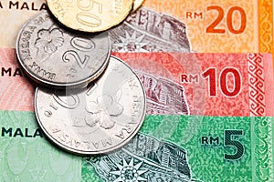 Closeup of Malaysia Ringgit currency notes and coins