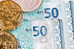 Closeup of Malaysia Ringgit currency notes and coins