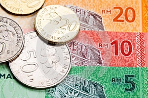 Closeup of Malaysia Ringgit currency notes and coins