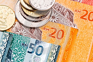 Closeup of Malaysia Ringgit currency notes and coins