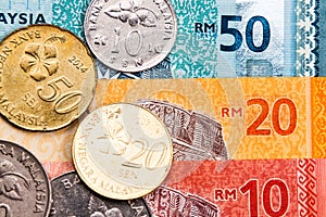 Closeup of Malaysia Ringgit currency notes and coins