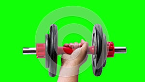 Closeup male arm lifting dumbbell workout green screen looping