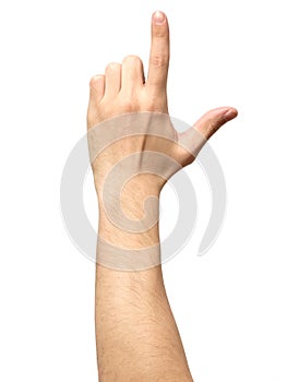 Closeup of male hand pointing isolated