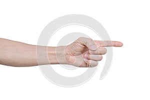 Closeup of male hand pointing, Isolated on white background