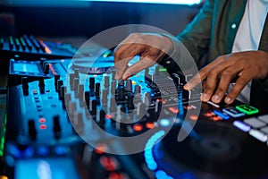 Closeup male hand on sound mixer console