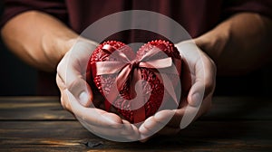 closeup male hands holding gift heart shaped box with red bow