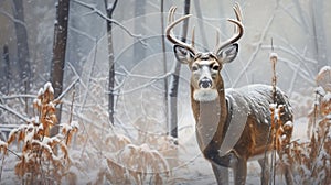 Closeup of a male white tail deer in the snow