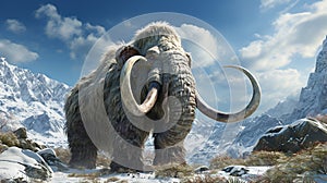 closeup mammoth trudges over snow covered hills. woolly mammoth, prehistoric ice age. generative ai