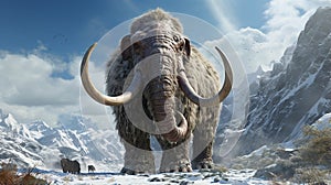 closeup mammoth trudges over snow covered hills. woolly mammoth, prehistoric ice age. generative ai