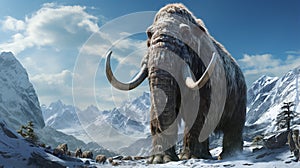 closeup mammoth trudges over snow covered hills. woolly mammoth, prehistoric ice age. generative ai